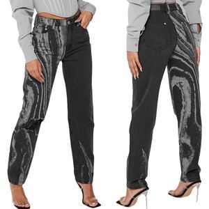 NWT Maniere De Voir Marble Print Mom Jeans Gray Washed Black 10